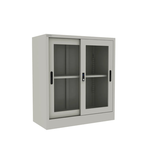 خزانة حديدية منخفضة الارتفاع بباب زجاجي جرار